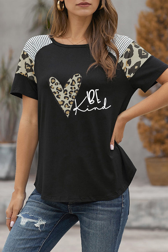 Letter Heart Print Leopard Striped Color Block Short Sleeve T-shirt