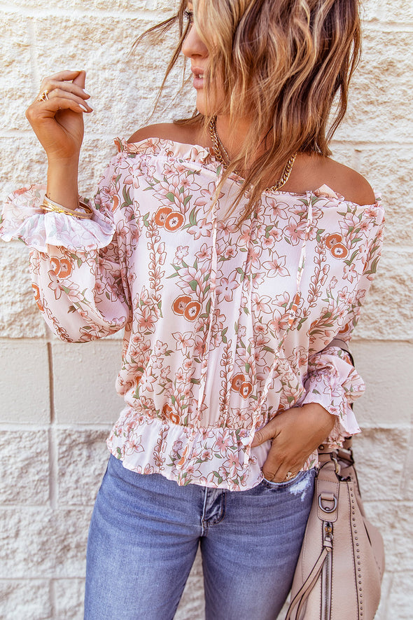 Off The Shoulder Puff Sleeve Ruffled Floral Print Blouse
