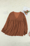 Wine Red V Neck Lantern Sleeve Swiss Dot Plus Size Blouse