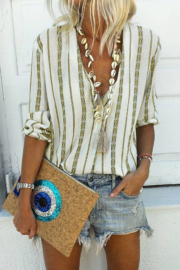 V Neck Striped Button Down Blouse