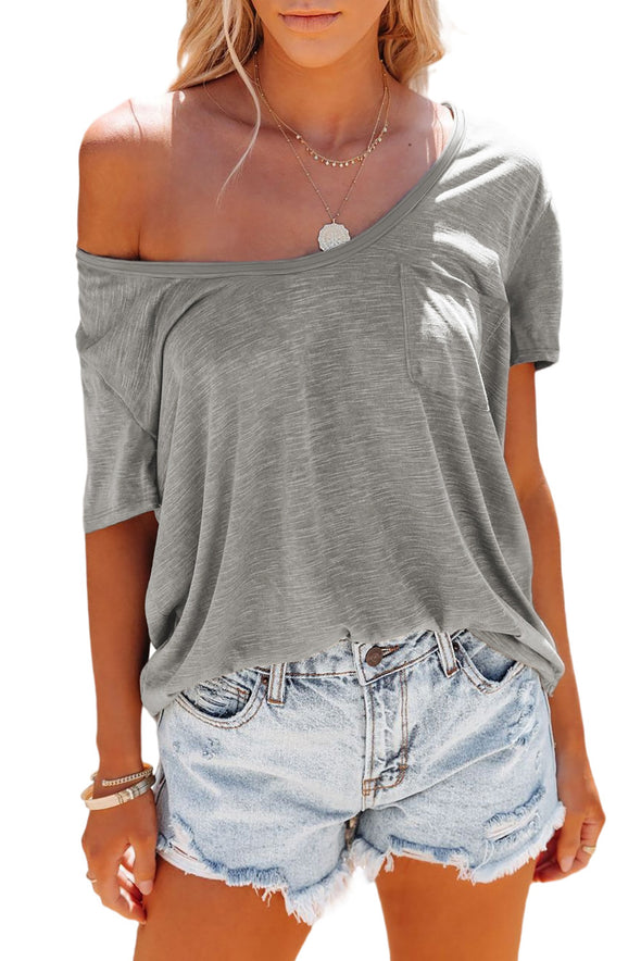 Solid Pocket Front Scoop Neck Short Sleeve T-shirt