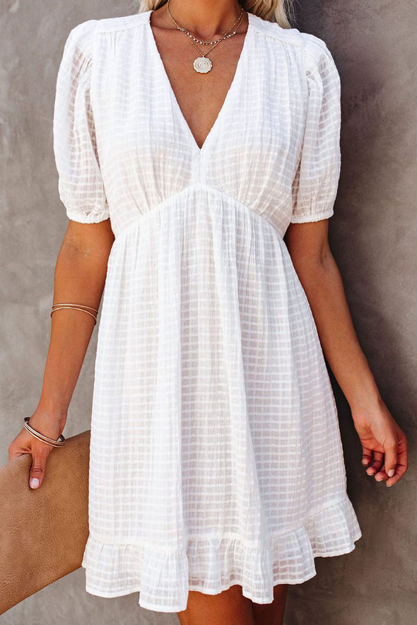 Checkered Pattern Puff Sleeve Babydoll Dress