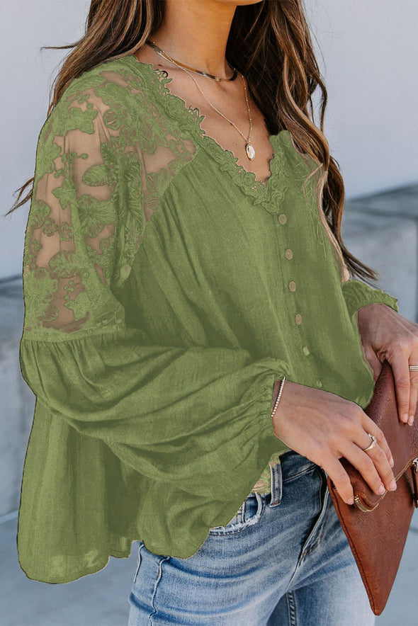 V Neckline Lace Shoulder Patchwork Blouse