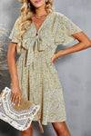 Floral Print Tie Knot Ruffled Short Sleeve Mini Dress