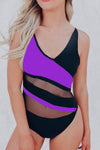 Colorblock Mesh Backless One-piece Swimwear