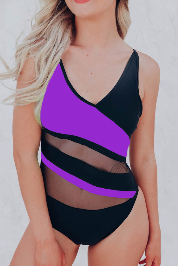 Colorblock Mesh Backless One-piece Swimwear