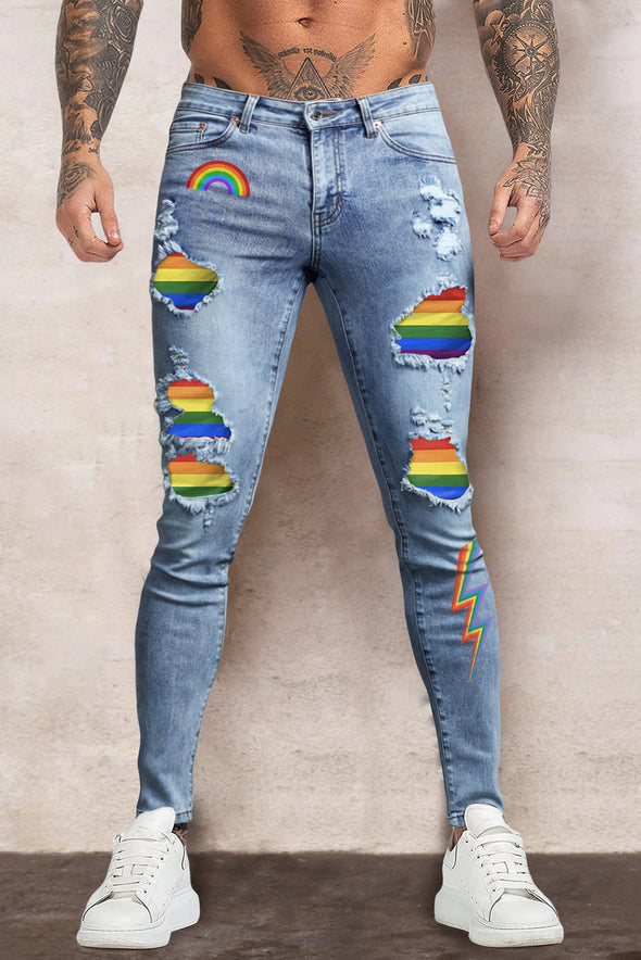 Men's Skull Print Patchwork Distressed Skinny High Waist Jeans