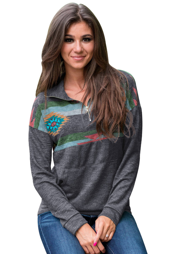 Aztec Print Atop Black Pullover Sweatshirt