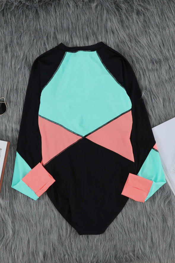 Color Block Zipper Long Sleeve Rash Guard Swimwear