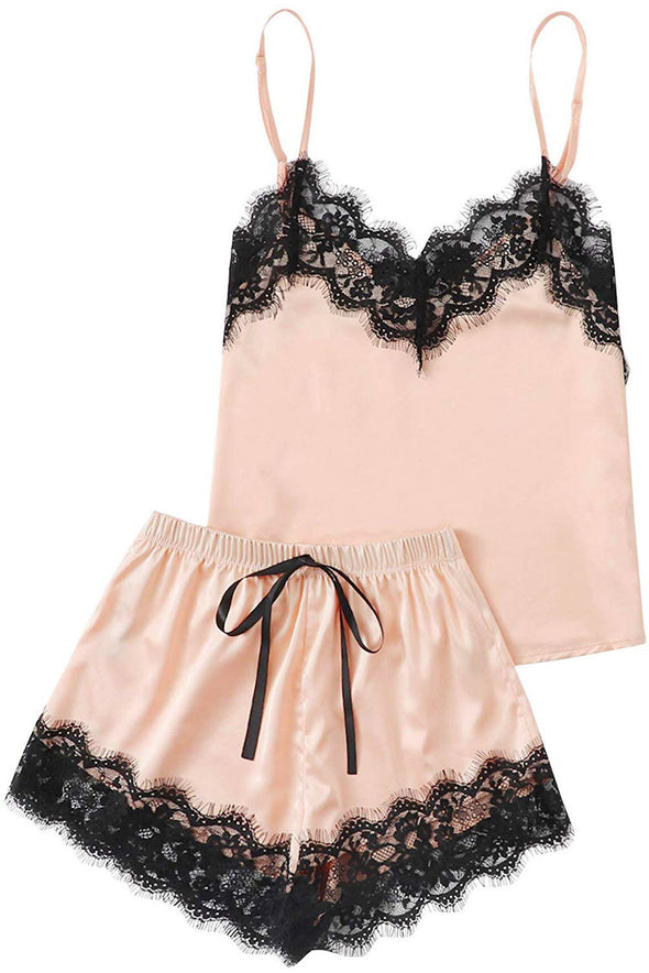 Lace Satin Sleepwear Cami Top and Shorts Pajama Set