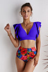 Floral Ruffled Hem High Waist Bikini Set