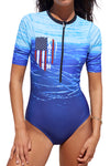 Blue Leaves Zip Front Half Sleeve One Piece Swimsuit