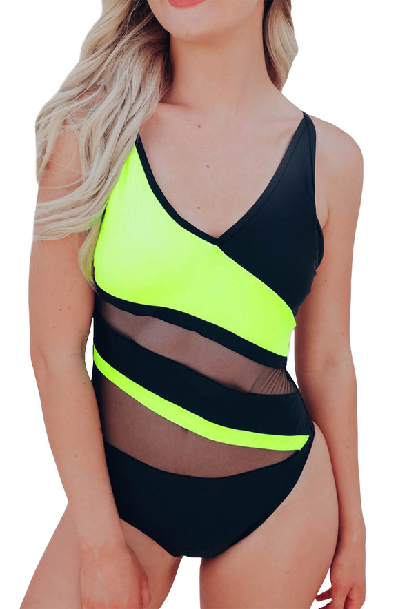 Colorblock Mesh Backless One-piece Swimwear