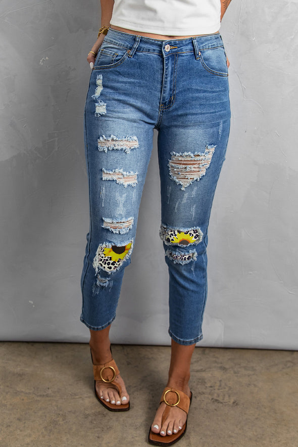 Fading Distressed Holes Crop Jeans