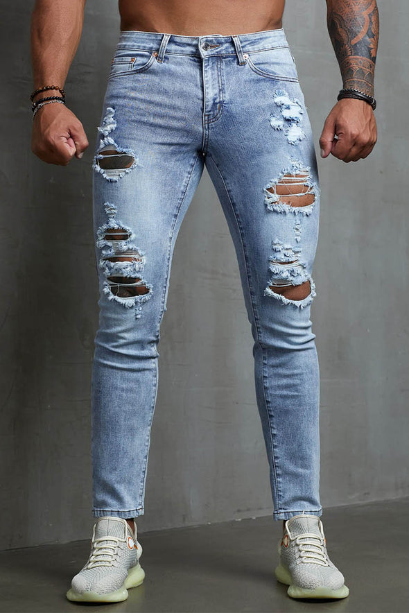 Men's Skull Print Patchwork Distressed Skinny High Waist Jeans