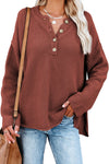 Henley Pullover Drop Shoulder Sweater with Slits