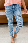 Striped Patchwork Distressed Slim-fit Jeans