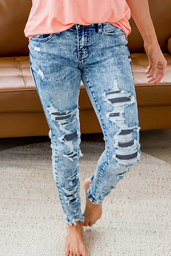 Striped Patchwork Distressed Slim-fit Jeans