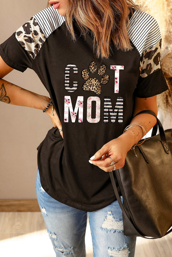 Letter Heart Print Leopard Striped Color Block Short Sleeve T-shirt