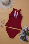 High Neck Plunge Mesh Ruched Tankini Swimwear