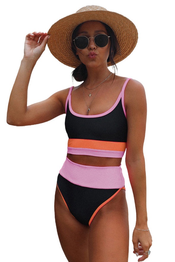 Spaghetti Straps Colorblock Ribbed High Waisted Swimsuit