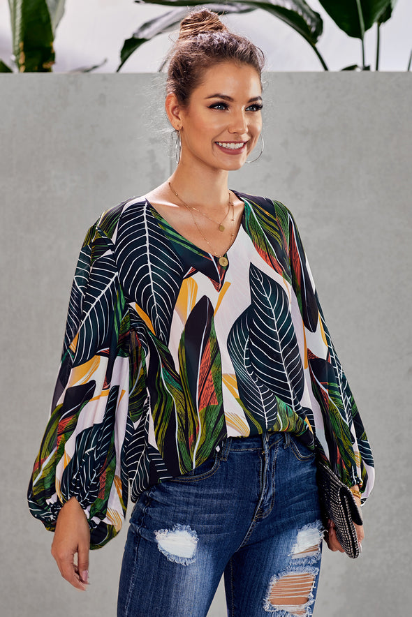 Multicolor Boho Print Balloon Sleeve Blouse