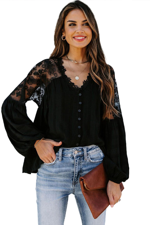 V Neckline Lace Shoulder Patchwork Blouse