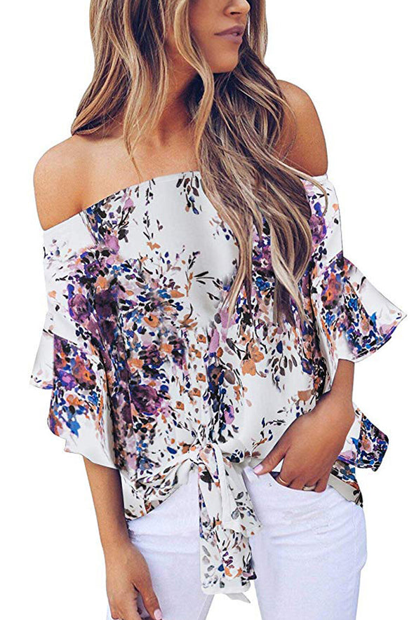 Off Shoulder Floral Tie Front High Low Chiffon Blouse