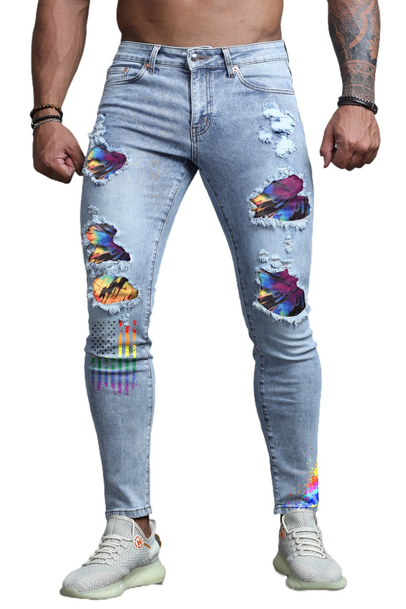 Men's Skull Print Patchwork Distressed Skinny High Waist Jeans