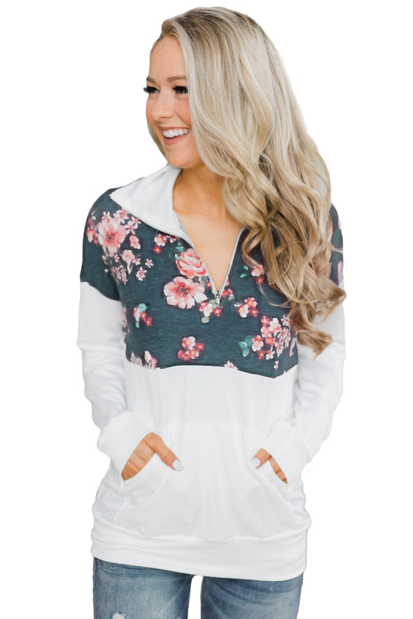 Floral Splice Pink Kangaroo Pocket Zip Collar Sweatshirt