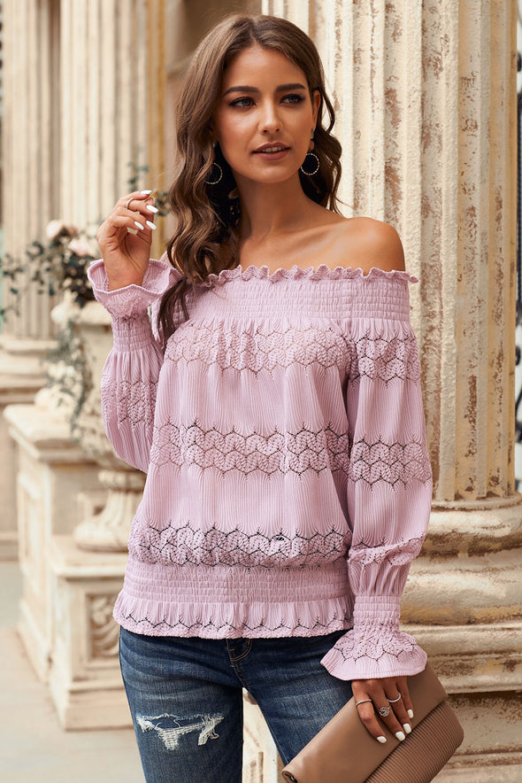 Off Shoulder Ruffle Long Sleeve Smocked Waist Lace Crochet Blouse