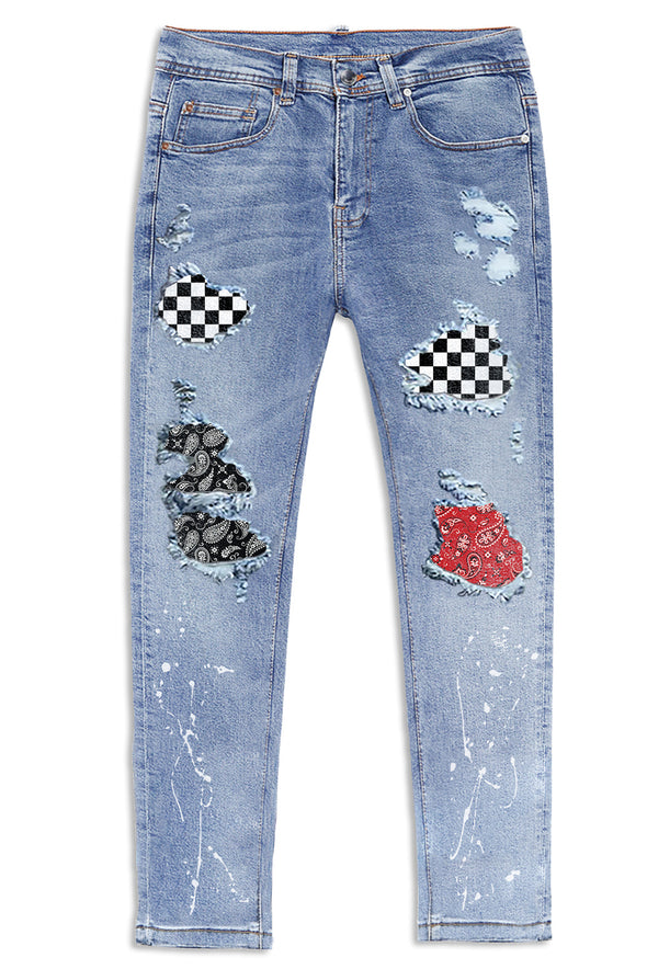 Men's Skull Print Patchwork Distressed Skinny High Waist Jeans
