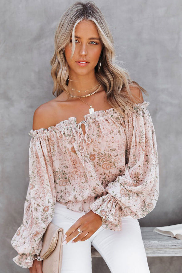 Off The Shoulder Puff Sleeve Ruffled Floral Print Blouse