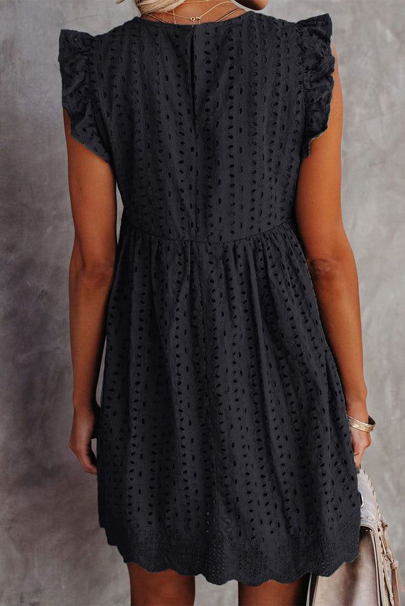 V Neck Ruffled Sleeves Perforating Babydoll Dress