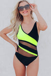 Colorblock Mesh Backless One-piece Swimwear