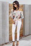 Off Shoulder Floral Tie Front High Low Chiffon Blouse