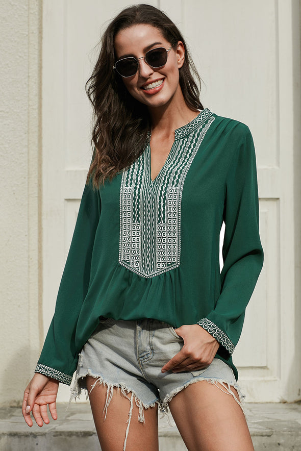 Long Sleeves Front Embroidery Blouse