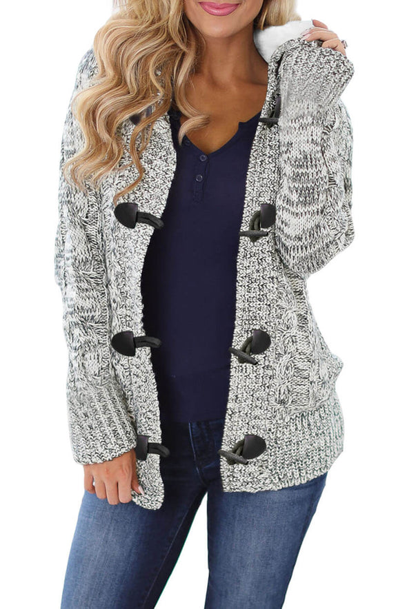 Fur Hood Horn Button Sweater Cardigan