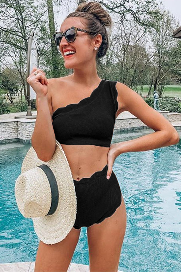 High Waist Scalloped Trim One Shoulder Bikini