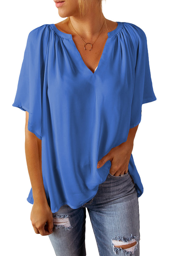 Split Neck Pleated Loose Blouse