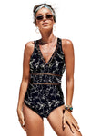 Floral Print Lattice Plunge One Piece Swimsuit