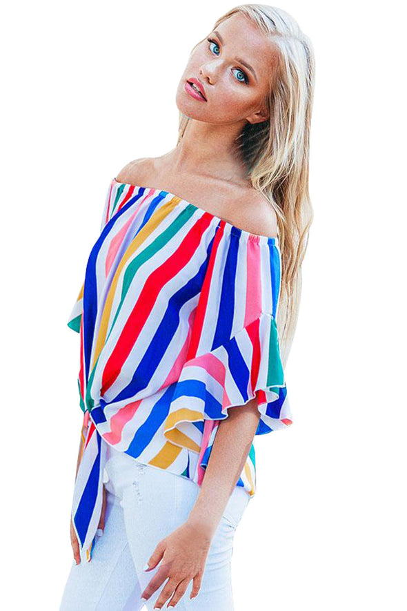 Off The Shoulder Vertical Stripes Blouse in Black