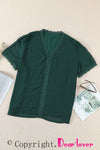V Neck Lace Crochet Swiss Dot Short Sleeve Blouse