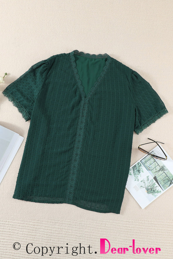 V Neck Lace Crochet Swiss Dot Short Sleeve Blouse