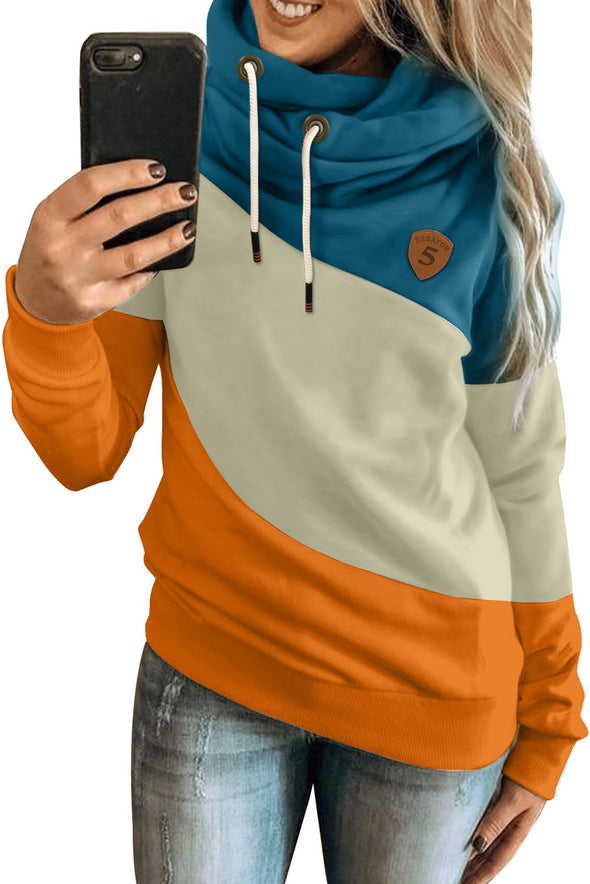 Multicolor Colorblock Cowl Neck Pullover Hoodie