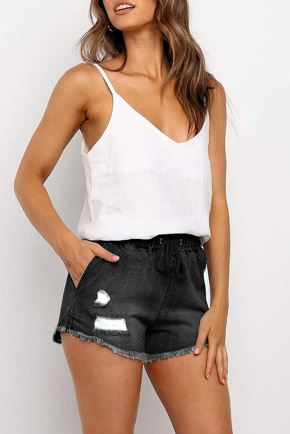 Elastic Waist Distressed Raw Hem Denim Shorts