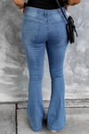 Dark Blue Mid Rise Button Front Flare Denim