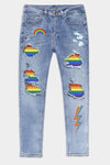 Men's Skull Print Patchwork Distressed Skinny High Waist Jeans