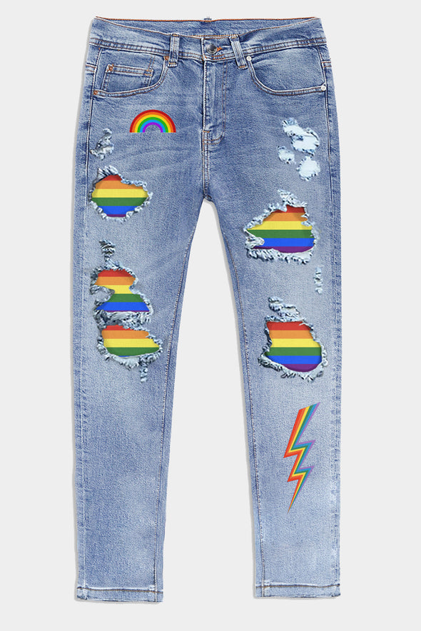 Men's Skull Print Patchwork Distressed Skinny High Waist Jeans