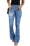 Dark Blue Mid Rise Button Front Flare Denim